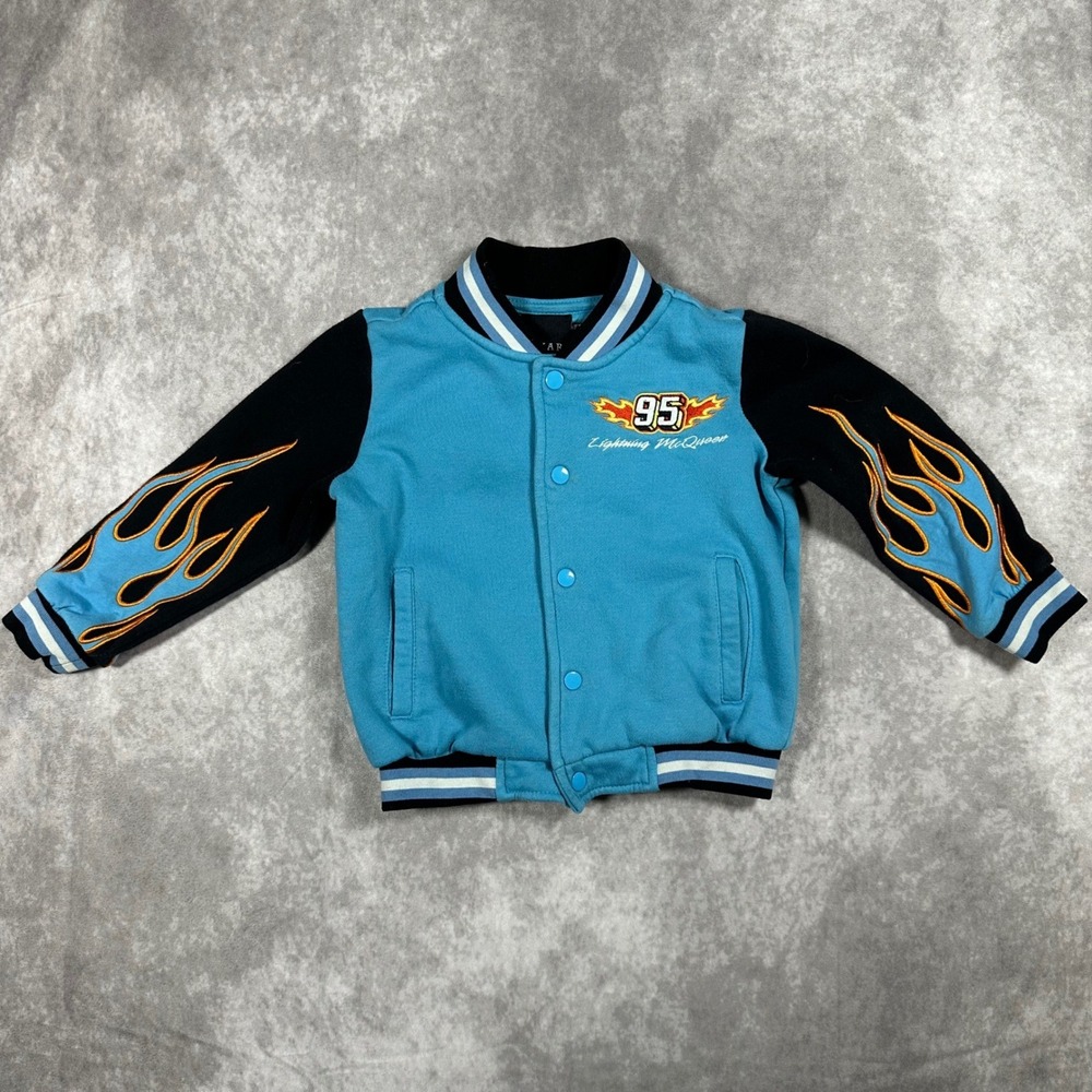 Y2K Disney Pixar Cars Lightning McQueen Varsity Jacket Blue Flame Sleeves 3T